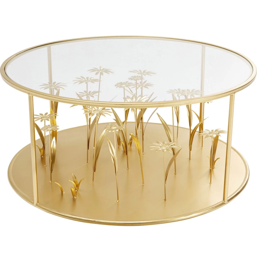 "KARE Design Gold Coffee Table with Floral Meadow Motif - Modern Oval O80 Home Decor"
