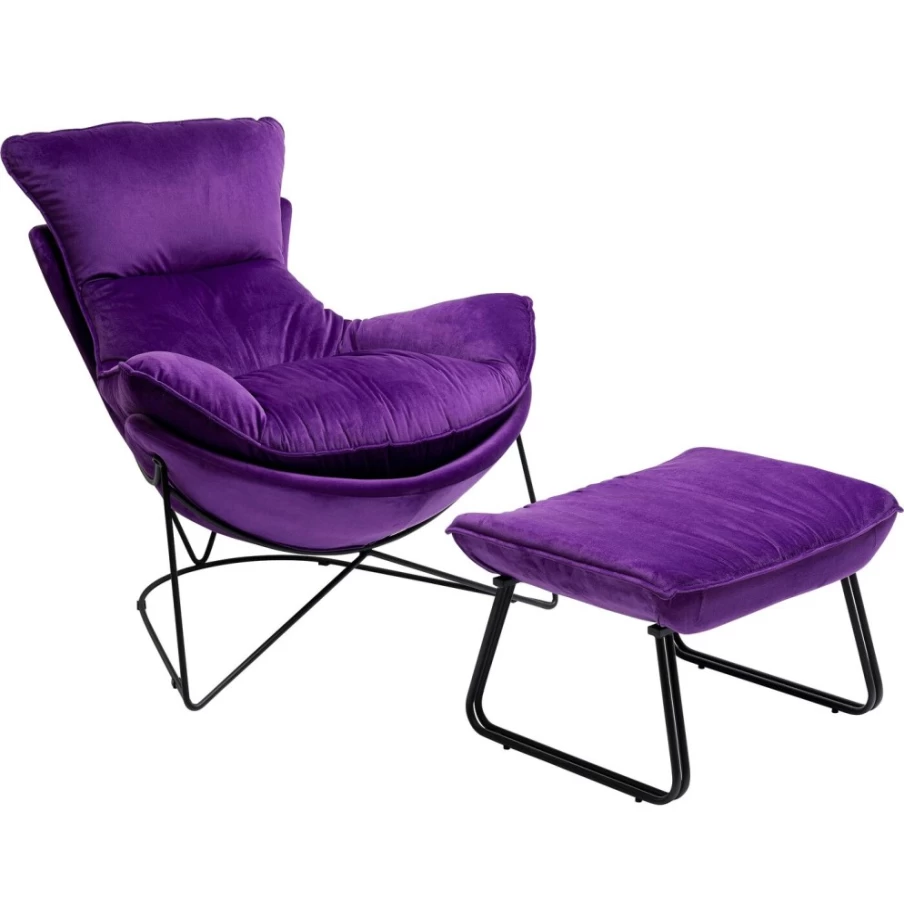 KARE Design Modern Purple Armchair with Matching Stool - 2-Piece Snuggle Set