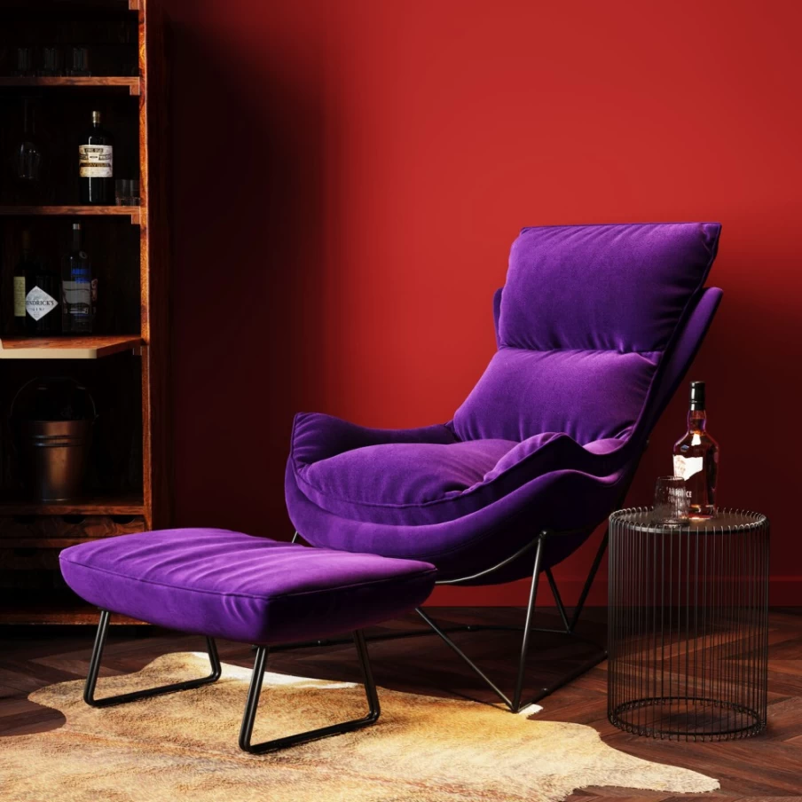 KARE Design Modern Purple Armchair with Matching Stool - 2-Piece Snuggle Set