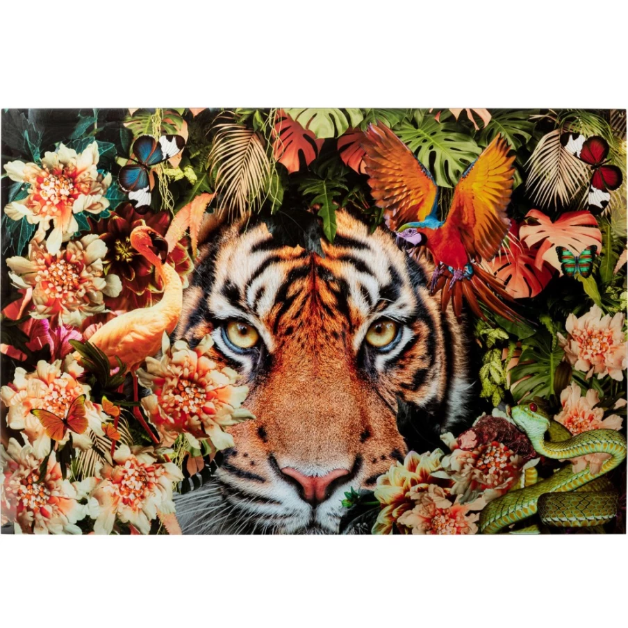"KARE Design Framed Tiger Art Print - Stalking Prey Glass Picture, 150x100 cm, Modern Wildlife Wall Decor"
