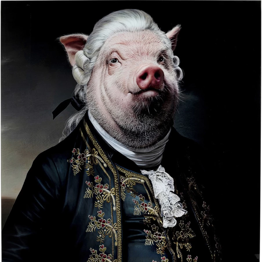 "KARE Design Modern Picture Glass Gentleman Pig Wall Art - 120X120 cm Square Framed Decor"