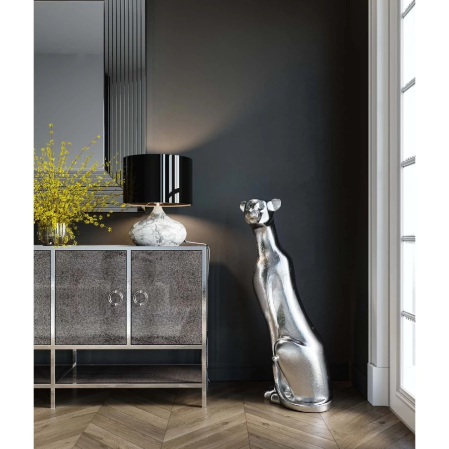 "KARE Design Modern Silver Leopard Sculpture - 150cm Tall Animal Statue for Home Decor"