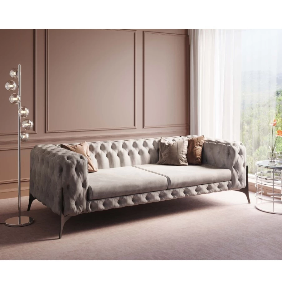 "KARE Design Bellissima 3-Seater Velvet Sofa in Beige - 240cm Luxury Modern Living Room Furniture"