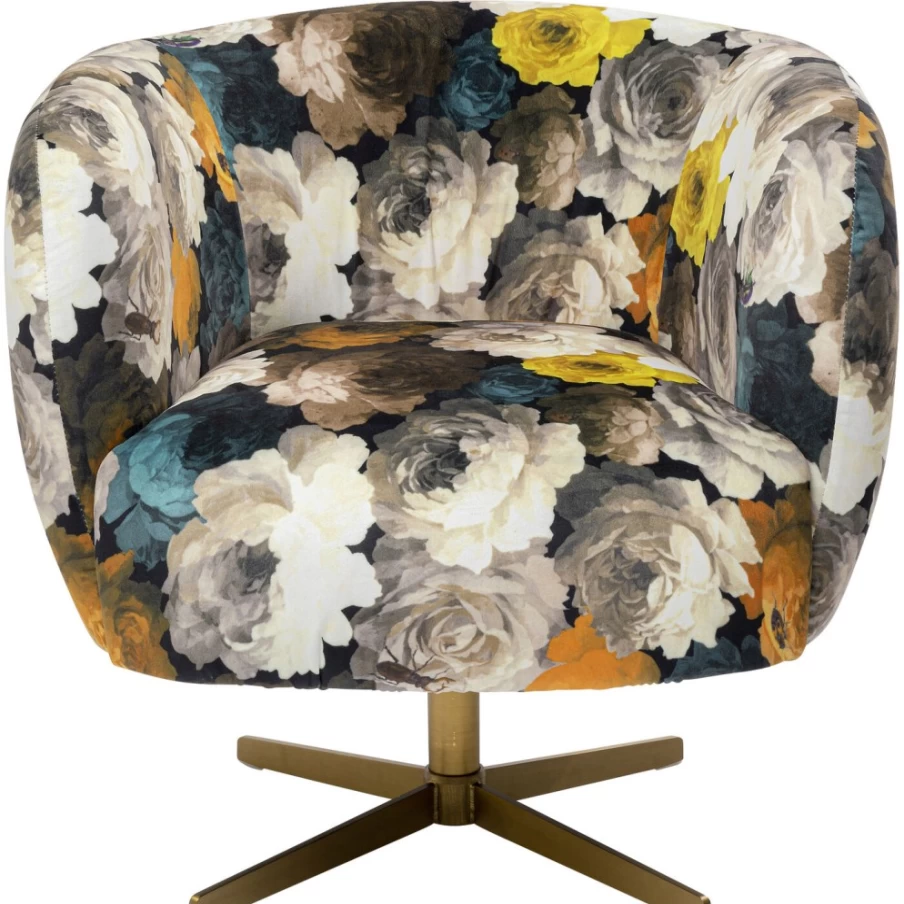 KARE Design Modern Swivel Armchair with Peony Floral Pattern in Vibrant Yellow