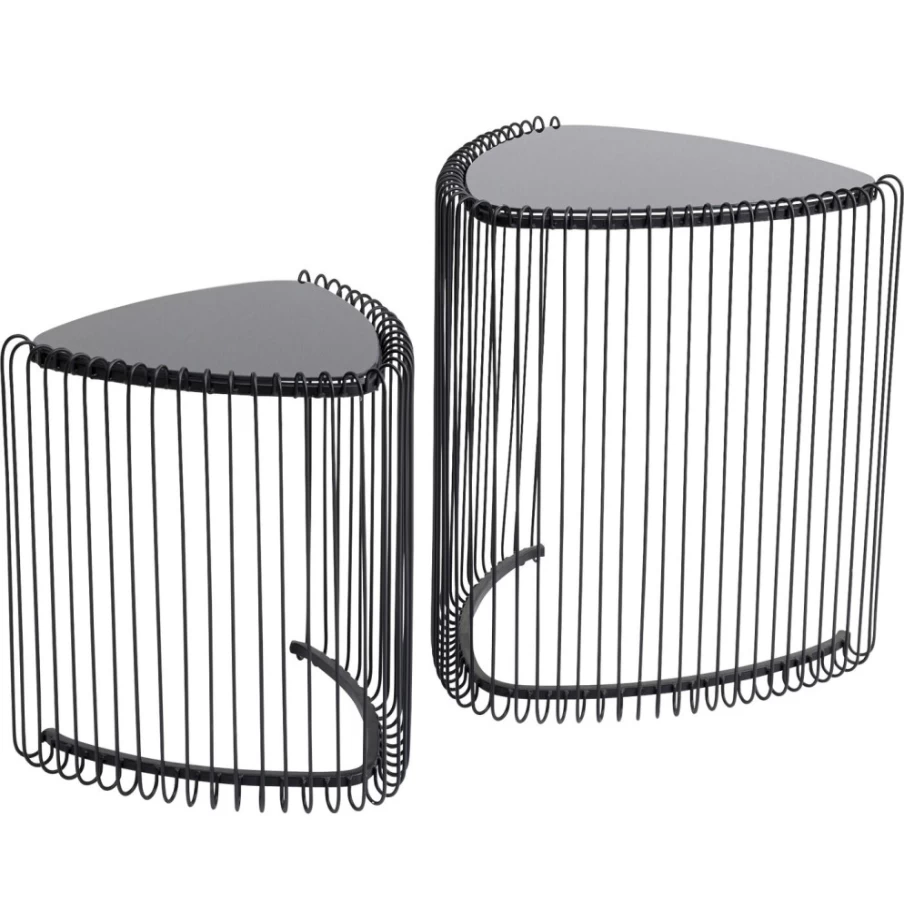 KARE Design Modern Black Wire Triangle Side Table - Set of 2, Minimalist Nightstand or End Table