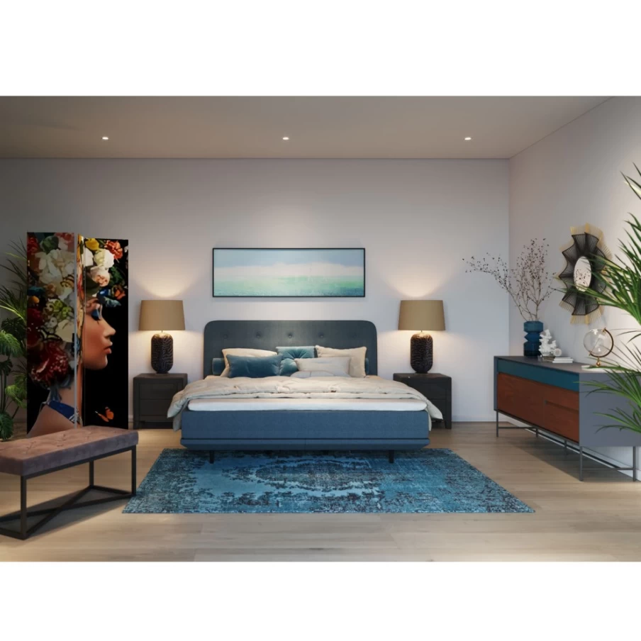 KARE Design Luna Blue Boxspring Bed 180x200 cm - Luxury Queen Size Bed Frame with Upholstered Headboard