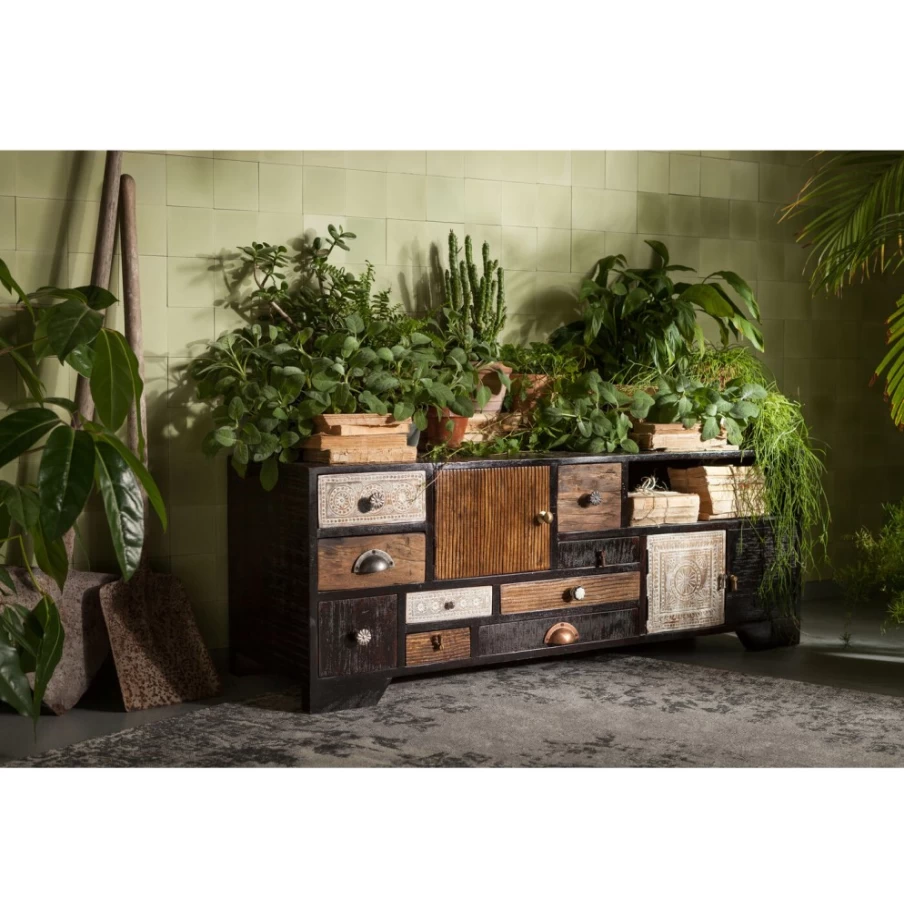 KARE Design Finca Lowboard TV Stand with 3 Doors and 9 Drawers, Rustic Wooden Sideboard